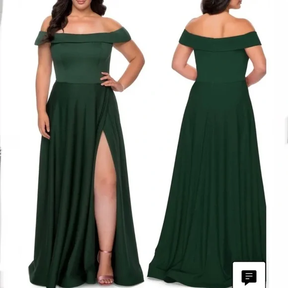 La Femme Off The Shoulder Jersey Fit & Flare Gown Green Dress Size 16 Formal - Picture 2 of 11